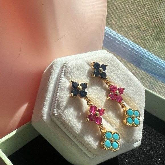 14kt gold plated clover multicolor ruby turquoise sapphire crystal earrings#338 - Picture 11 of 12